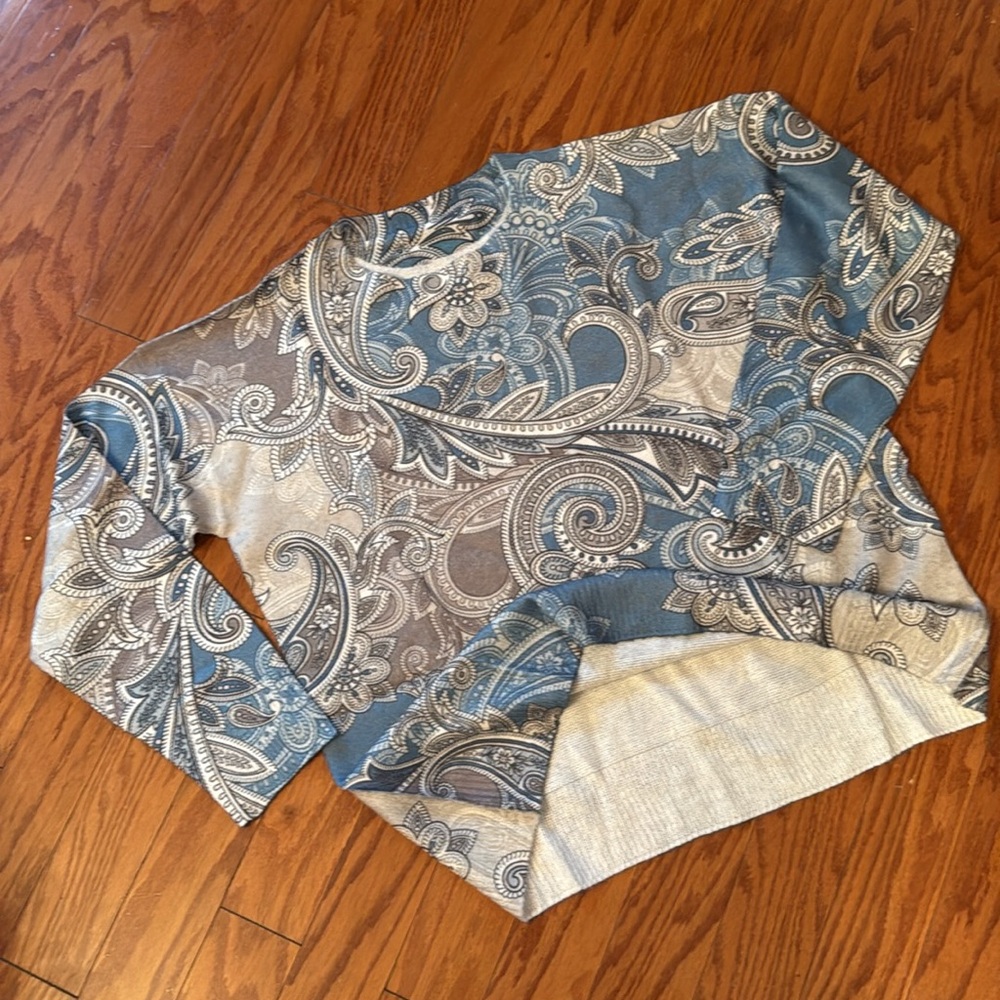 Blue Gray Paisley Statement Sweater Crewneck Allover Print - Picture 13 of 16